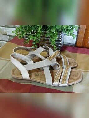 Impo Womens 7.5 Beige Gold Strappy Elastic Sandals Memory Foam